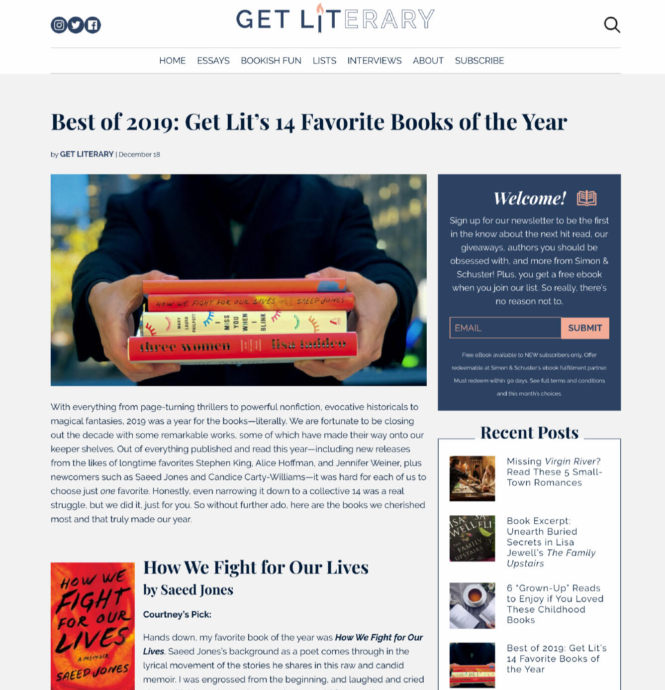 Get Literary Article: Best of 2019: Get Lit's 14 Favorite Books of the Year by Get Literary - the first book (How We Fight for Our Lives by Saeed Jones) and commentary with it are attributed to Courtney