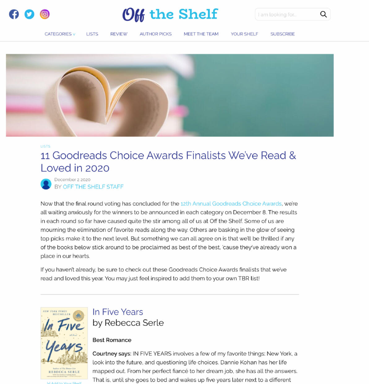 Off the Shelf Article: 11 Goodreads Choice Awards Finalists We've Read & Loved in 2020 by Off the Shelf Staff - the first book (In Five Years by Rebecca Serle) and commentary with it are attributed to Courtney