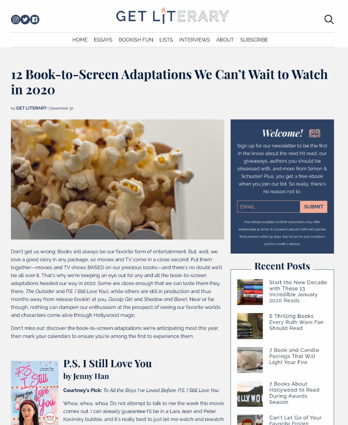 Get Literary Article: 12 Book-to-Screen Adaptations We Can't Wait to Watch in 2020 by Get Literary - the first book (P.S. I Still Love You by Jenny Han) and commentary with it are attributed to Courtney